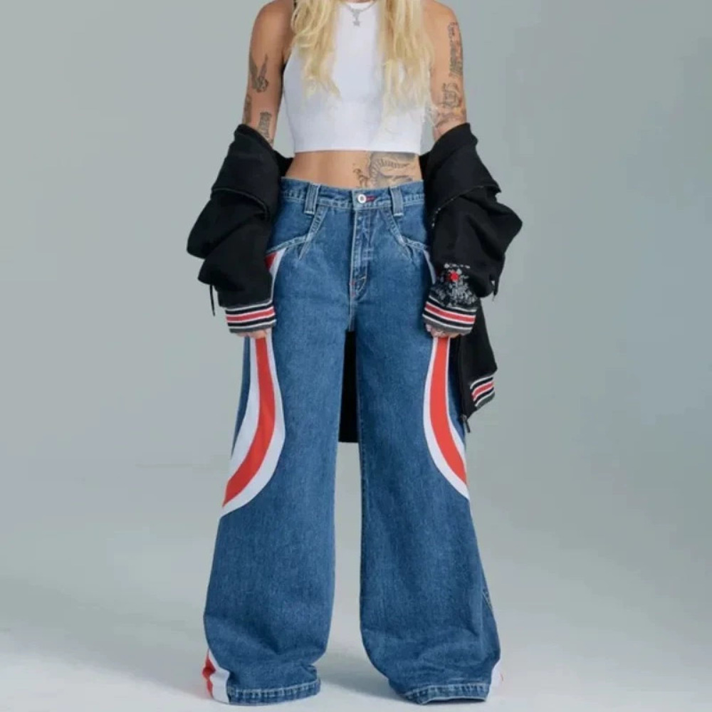 Zara Retro High Street Color Block Wide Leg Floor Length Jeans